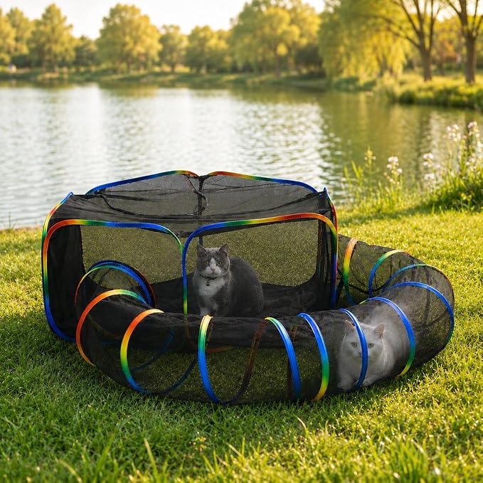 Portable Cat Enclosure - 2-in-1 Outdoor Catio with Tent & Tunnel, Foldable Playpen for Indoor Cats, Includes Storage Bag for Cats & Small Animals Rainbow Color