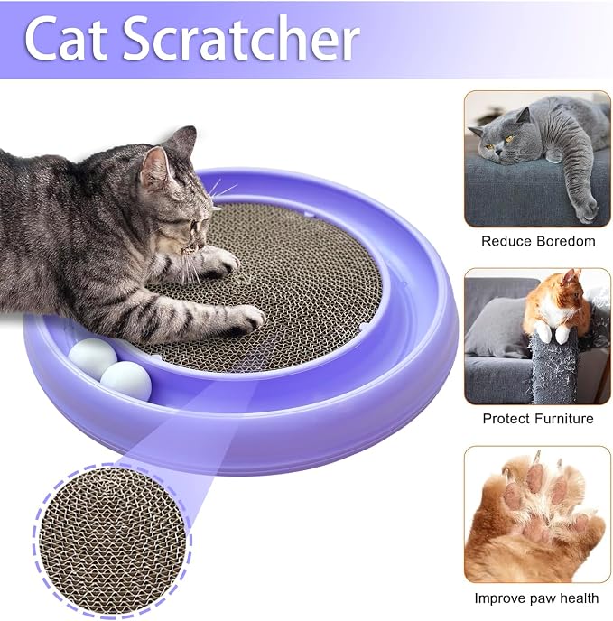 Interactive Cat Ball Track Toy for Indoor Cats, Cat Scratching Board & Exercise Set for Bored Indoor Adult and Kitten Mental & Physical Stimulation, with Spare Ball to Prevent Loss (Purple)