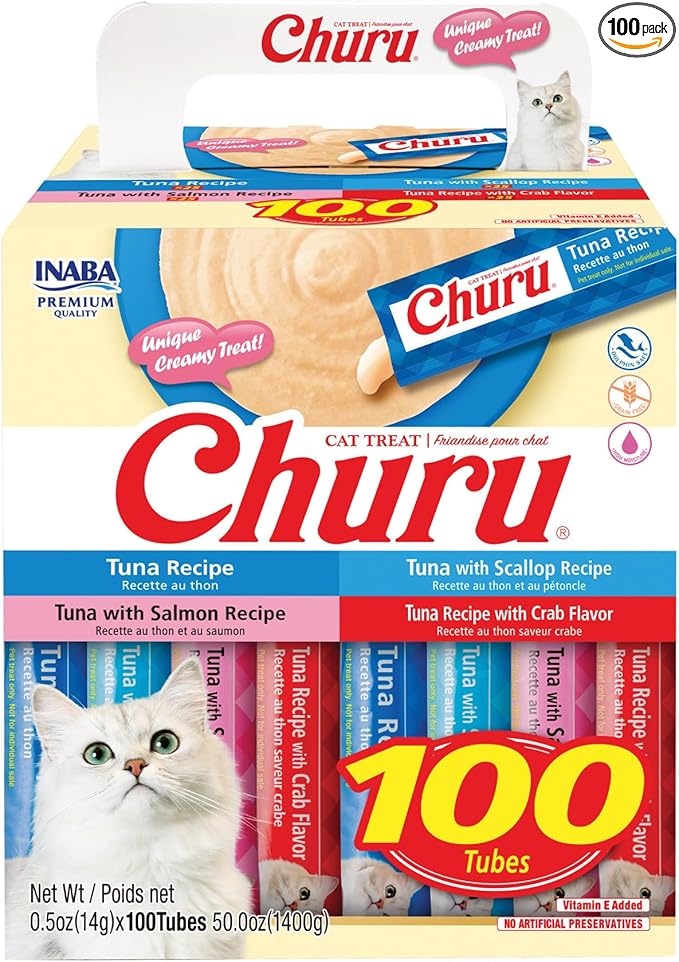 INABA Churu Cat Treats, Lickable, Squeezable Creamy Purée with Vitamin E, 0.5 Ounces per Tube, 100 Tubes Total, Tuna Variety