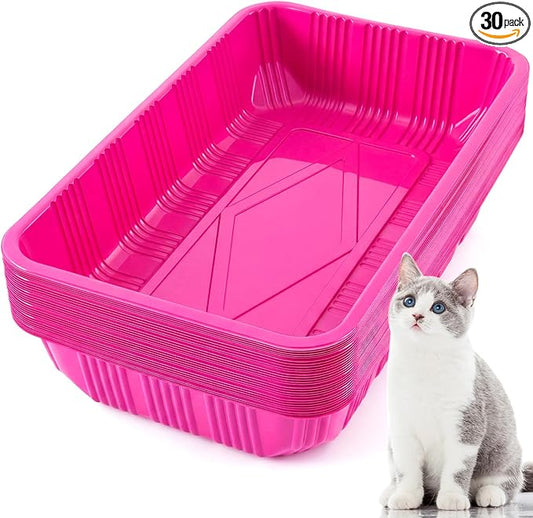 Tessco for you 30 Pack Disposable Cat Litter Boxes, Plastic Leakproof Litter Trays for Cats, Disposable Travel or Temporary Litters Pan for Kittens and Small Pets, 16.7 x 10.5 x 3.4 Inch(Rose Red)