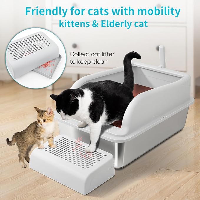 Stainless Steel Litter Boxes with Lid High Sides & Step, XXL Extra Large Metal Litter Boxes for Small & Elderly Cats, Friendly Cat Joints, Odor Free Litter Pan, Leak-Proo, Easy to Clean, Non-Sticky