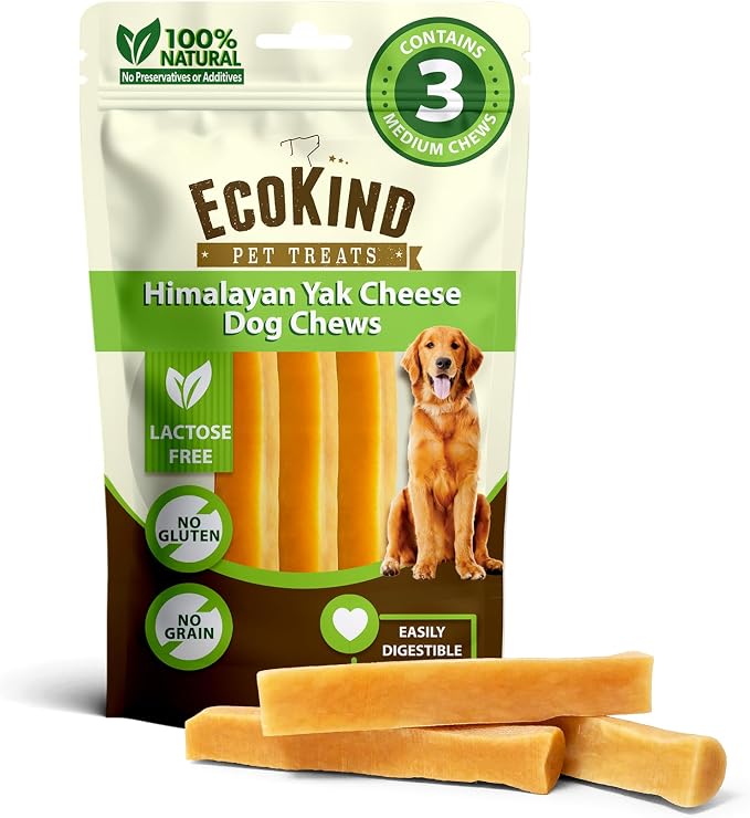 EcoKind Yak Cheese Himalayan Dog Chews, Yak Chews for Medium Dogs, Long Lasting Bone for Aggressive Chewers, 3 Ingredients, High Protein Natural Dog Treat, No Additives, Lactose Free, Medium - 3 Chews