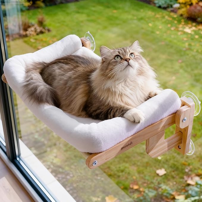 Pecute Foldable Cat Window Perch, Cloud-Soft Cat Bed with Solid Wood Frame, Strong Suction Cup, Washable Cushion, Stable Large Cats Hammock with Sided Bolster, Cats Perch Indoor for Sunbathing, 26" L