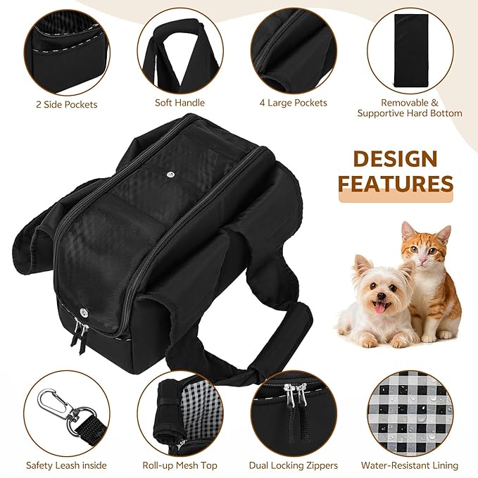 Dog Purse Carrier for Small Dogs and Cats, Soft-Sided Pet Tote Bag with 6 Large Pockets, Collapsible Travel Puppy Carrier with Small Cushion, Fits Pets up to 6 lbs (Black, 13.6" L x 6.6" W x 10" H)