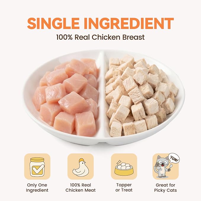 Freeze Dried Chicken Cat Treats, Single Ingredient Chicken Breast Cat Snacks, High Protein Grain-Free Food Topper for Picky Cats, 9 oz