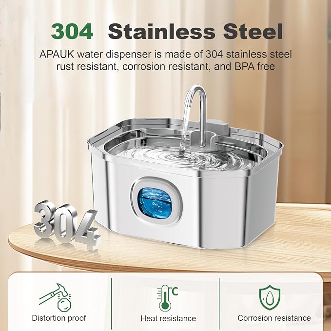 Cat Water Fountain, Apauk 108oz/3.2L Silent cat Water Fountain Stainless Steel, Cat Fountain, Automatic Dog Water Fountain,Controllable Blue Light - (6 Filters& 6 Sponges)