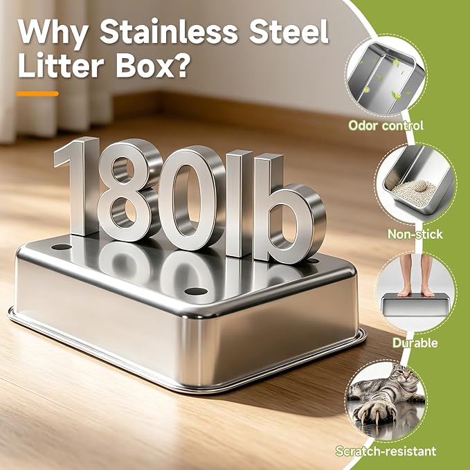 Stainless Steel Litter Box Metal High Sided Extra Large Cat Litterbox, Anti-Urine Leakage, No Odors, Easy Cleaning, Non-Stick, Include Scoop