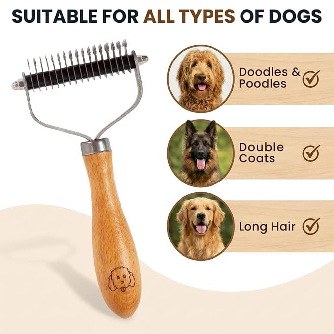 Pet Dematting Comb for Dogs and Cats with Wood Handle, Deshedding Undercoat Rake with Stainless Steel Blades, Pet Comb for Detangling Thinning and Shedding, All Hair Types [We Love Doodles]