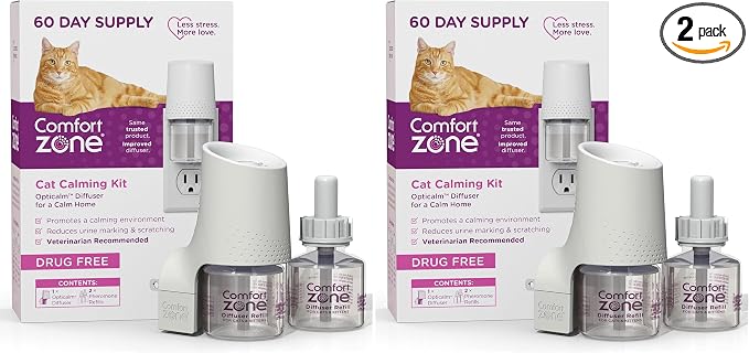 Comfort Zone 60 Day Starter Kit: 1 Cat Calming Diffuser & 2 Refills; Cat Pheromones Help Anxiety; Reduce Stress,Urine Marking,Scratching,(Pack of 2)