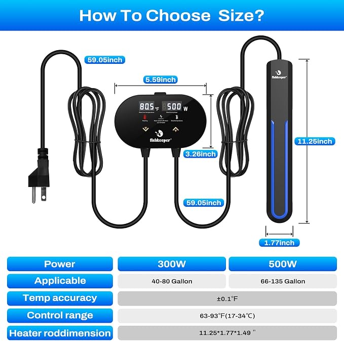fishkeeper Aquarium Heater with Intelligent LED AlarmTemperature Controller, 500W Submersible Fish Tank Heater for 66-135 Gallon, Leaving Water Automatically Stop Heating, for Freshwater Saltwater