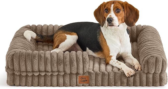 Orthopedic Dog Bed for Large Dogs, Washable Dog Bed with Faux Rabbit Fur Waterproof Cover, High Density Egg Crate Foam Support with 3-Sided Bolsters for Senior Dogs, Non-Skid Bottom,35x28x7, Taupe