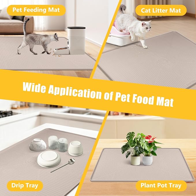 Lorvain 45" x 30" Cat Food Mat, Extra Large Silicone Pet Feeding Mat with Raised Edges, Pet Placemat for Cat Dog Food and Water Bowl Waterproof, Non-Slip, Easy to Clean, Floor Protection, Beige