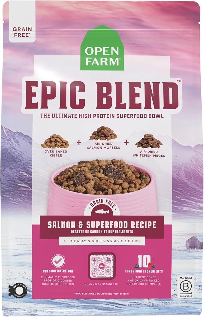 Open Farm, Epic Blend Grain Free High Protein Dry Dog Food, Probiotic Coated & Bone Broth Infused Kibble with Air Dried Meat & Organs, Salmon & Superfood Recipe, 18lb Bag