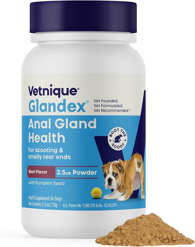 Vetnique Glandex for Dogs Anal Gland Powder, Support for Scooting & Fishy Odor, Boot The Scoot Fiber Supplement, Pumpkin Powder & Probiotics for Dogs with Digestive Enzymes (2.5oz Powder, Beef Liver)