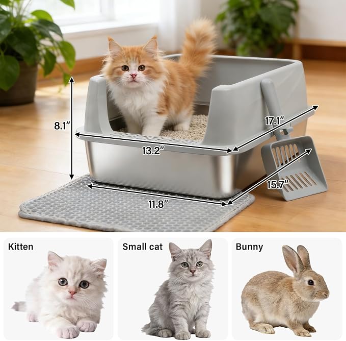 Stainless Steel Litter Box with Lid,Open Top Low Entry Litter Box, Metal Kitty Litter Box for Medium/Small Cats,Odor Control,Anti-Leakage, Non-Sticky, Includes Mat&Scoop,17.5x13.6x8in,