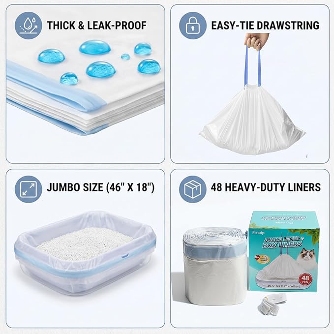 48 Pack Super Jumbo Cat Litter Bags - 3MIL Extra Thick Leakproof Litter Box Liners, 46"x18" Heavy Duty Drawstring Cat Litter Liners, Odor Control Disposable Kitty Litter Bags 6 Roll