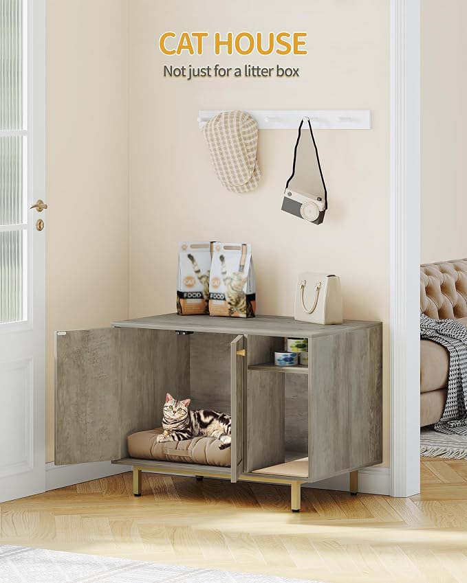 Hzuaneri Cat Litter Box Enclosure Enclosed, Hidden Litter Box Cabinet Furniture with Storage, Wooden Indoor Cat House Large, Modern End Table for Living Room Entryway, Greige and Gold CB01505G