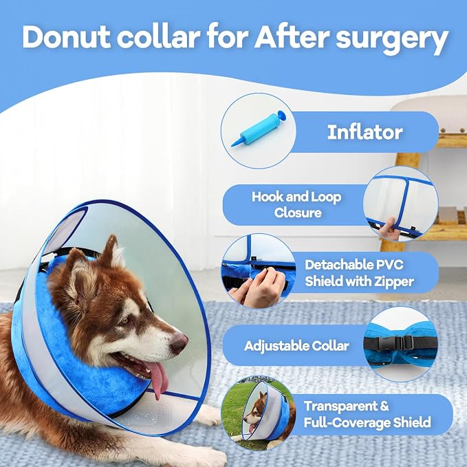 2-in-1 Inflatable Dog Cone Collar with Detachable Anti-Licking Shield, Soft Adjustable Elizabethan Collar for Dogs After Surgery (M, Blue)