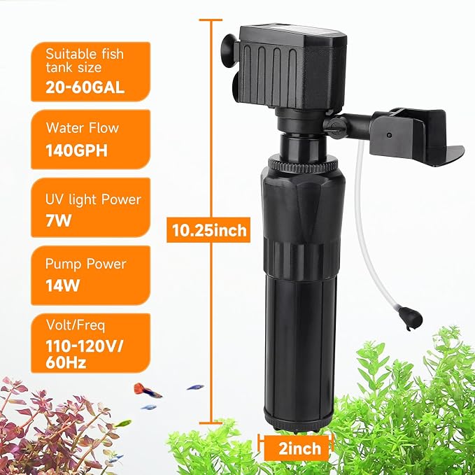 hygger Aquarium Filter U-V for 20-60 Gallon Tank, Submersible Internal Fish Tank Filter for Green Water and Algae Clean, 14W Power Pump with Adjustable Air Supply System for Saltwater Freshwater