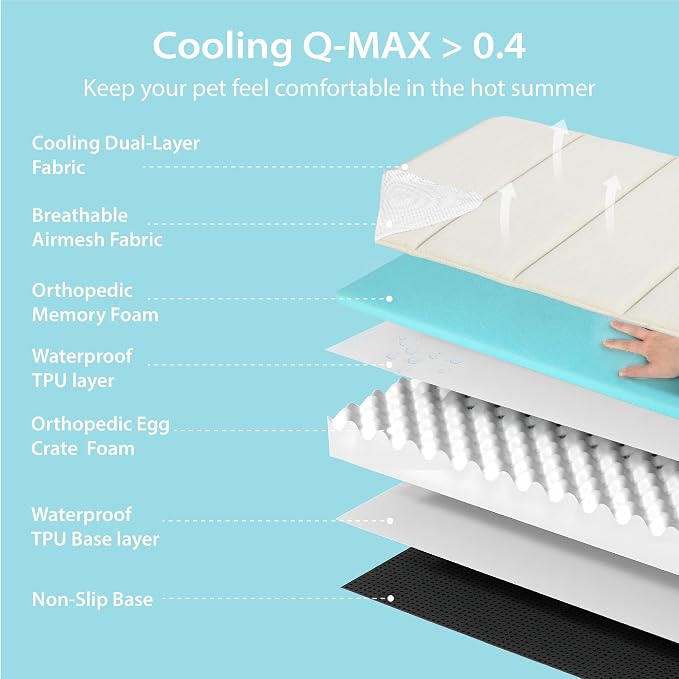 Cooling Dog Bed for Large Dogs - Orthopedic Pet Beds with Memory Foam, QMAX>0.5, Waterproof Removable Washable Cover for Hot Weather, Dark Beige, 35" L x 23" W x 3" H