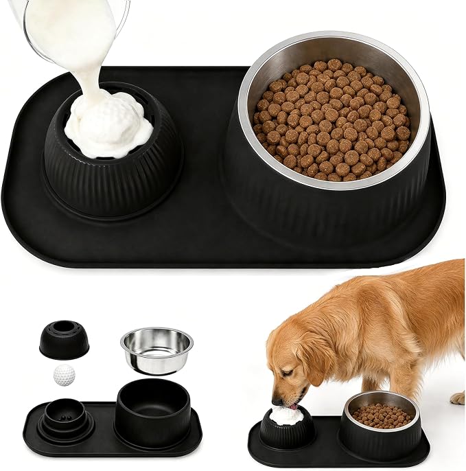2-in-1 Dog Licking Bowl with Rolling Ball, Stainless Steel Dog Bowls & No-Spill Silicone Lick Mat for Dogs, Wet Dry Separation Dog Slow Feeder Puzzle Licking Toy for Dogs and Cats