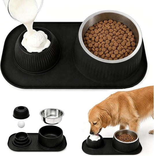 2-in-1 Dog Licking Bowl with Rolling Ball, Stainless Steel Dog Bowls & No-Spill Silicone Lick Mat for Dogs, Wet Dry Separation Dog Slow Feeder Puzzle Licking Toy for Dogs and Cats