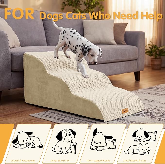 Topmart High Density Extended Foam Dog Ramp&Steps 3 Tiers,15.7" High,Non-Slip Dog Stairs with Removable Cover,Soft Foam Pet Ladder,Best for Injured,Older Cats,Pets with Joint Pain