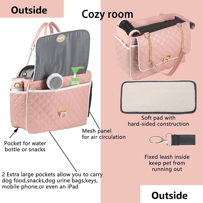 Pink Puppy Dog Cat Purse Carrier for Small Dogs TSA Airline Approved Fashion Designer Soft-Sided Pet Tote Bag