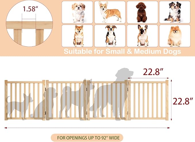 Wooden Dog Gate Indoor, 23" H Freestanding Dog Gates with Door Walk Through, No-Painted Foldable Puppy Fence, Doggy Barrier for Doorway, Stairs- 4 Panels