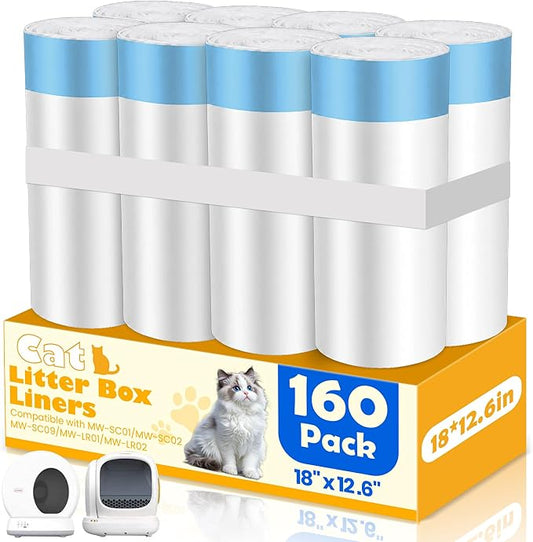 160 Count Drawstring Cat Litter Box Liners, Durable Cat Litter Bags Compatible with Meowant MW-SC01/SC02/SC09/LR01/LR02 Self-Cleaning Litter Box, 18"x12.6"