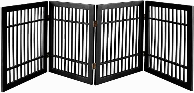 Urnporium Pet Dog Gate Freestanding, Strong Durable Folding Wooden Fence, Portable Acacia Hardwood Safety Barrier for Indoor & Outdoor Use (Black Pet Gate, 4 Panel 24" Tall)