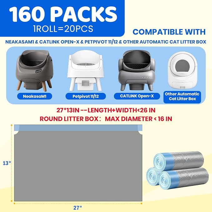 160 Count Drawstring Cat Litter Box Liners, Durable Cat Litter Bags Compatible with NeakasaM1 & CATLINK Open-X & Petpivot 11/12 Self-Cleaning Litter Box, 27"x13"