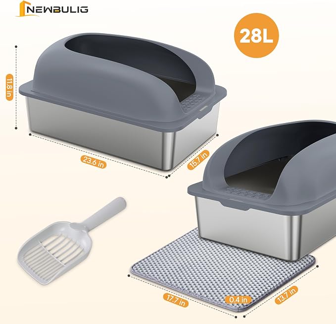 Extra Large Cat Litter Box with Lid, Stainless Steel Cat Litter Box with Scoop and Mat, High Walls for Anti-Urine Leakage, Easy Cleaning, Dark Gray