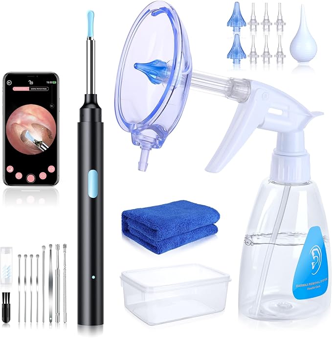 2 in 1 Ear Wax Removal Tool kit,Ear Cleaner Kit,Ear Flushing Kit for Adults Dog Cat Ear Cleaning Kit,Ear Irrigation Kit Ear Cleaner with Camera