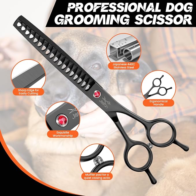 JASON 7" Dog Grooming Scissor - Professional Thinning Chunker Shear with 18 Teeth Japanese Stainless Steel Hair Scissors for Dogs, Cats and Other Pets (Chunker, Black) Christmas Gift