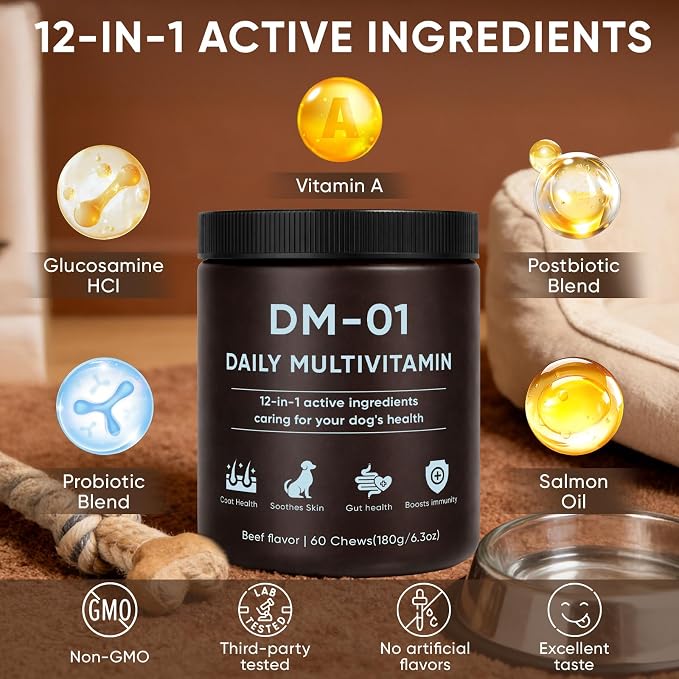 DM-01 Daily Multivitamin, Multivitamin Itch Relief Chews for Dog, with Folic Acid, Salmon Oil, Chondroitin & Natural Vitamins, Skin and Coat Healthy, Digestive & Boost Immunity, 60 Chew (Beef)