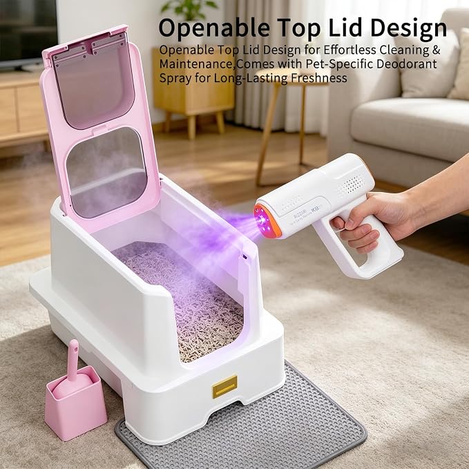 RIZZARI Pink Stainless Steel Cat Litter Box with Lid, Hidden Covered Kitty Litter Box with Drawer & Deodorizer Spray, Modern Top Entry Litter Box for Indoor Cats, Bedrooms, Apartments & Living Spaces