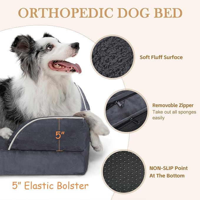 Comfort Expression Orthopedic Dog Bed for Extra Large Dogs 53x42 Inch, Waterproof Egg Crate Foam XXL Pet Bed with Removable Bolsters, Dog Couch with Washable Cover & Non-Slip Bottom, Dark Grey