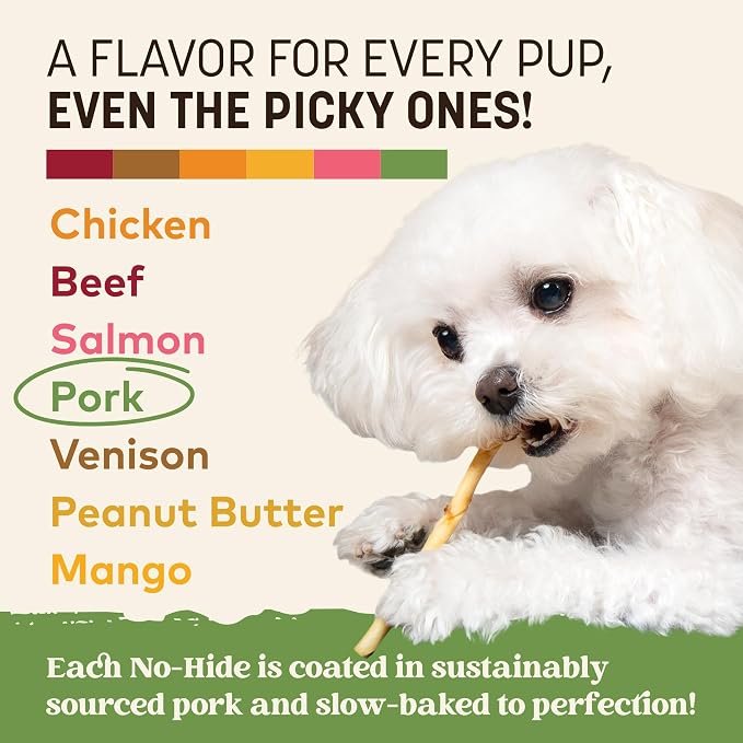 Earth Animal No Hide Stix - Long Lasting Rawhide Free Small Dog Chews Sticks, Pork - 30 Count