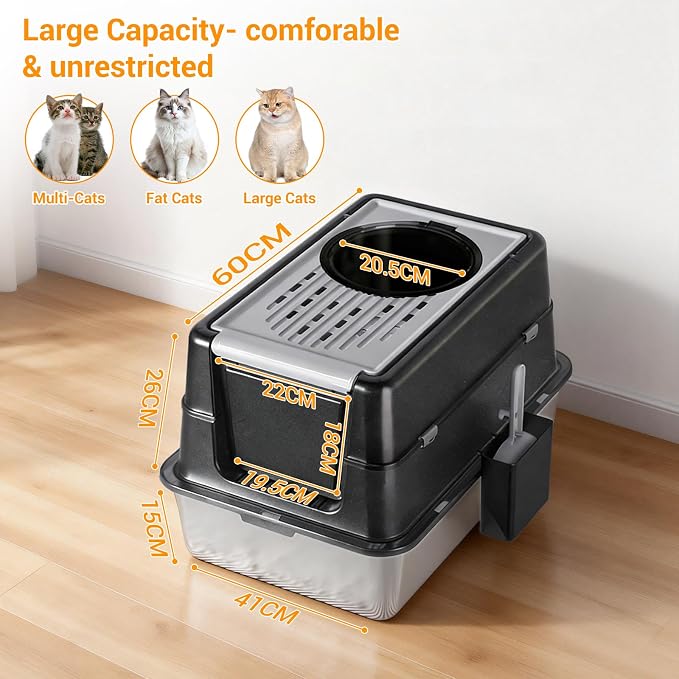 Stainless Steel Cat Litter Box with Lid - Enclosed Covered Metal Kitty Litter Box Enclosure with 180° Flip-Top, Leak-Proof High Sided Cat Box & Scooper, Easy to Clean, Odor Control, for All Cat Sizes