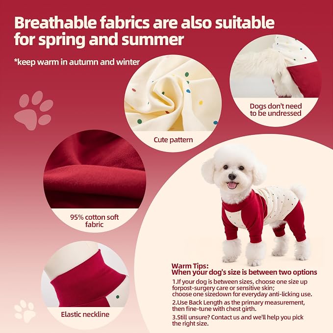 Dog Recovery Suit After Spay-Prevents Lick & Shed (Red,S) | Soft, Breathable cotton onesie protects abdominal surgical areas by preventing licking,scratching,and shedding