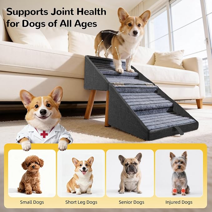 Dog Stairs for Small Dogs 17" H 2-in-1 Foldable | Wooden dog stairs for couch 2-in-1 ottoman steps Non-slip walking surface for puppy senior injured dogs Compact space-saving
