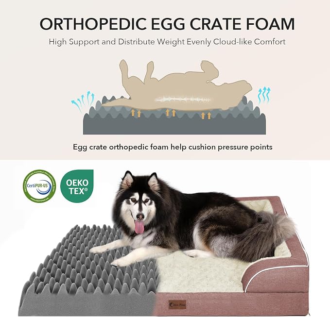 Orthopedic Dog Beds for Extra Large Sized Dogs 53x42 Inch, XXL Waterproof Egg Crate Foam Dog Sofa Bed with Removable Washable Cover Big Pet Couch with Bolster & Non-Slip Bottom, Pink
