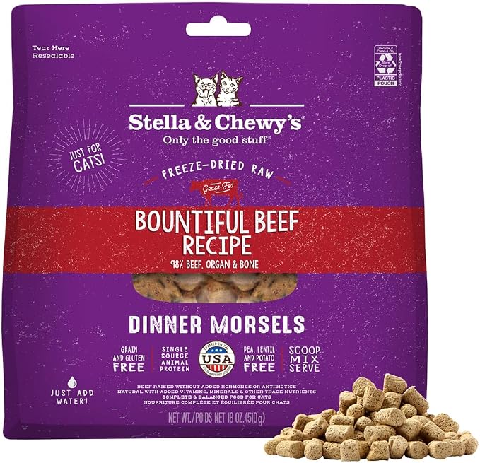 Stella & Chewy's Freeze-Dried Raw Cat Dinner Morsels - Premium Beef Recipe with 98% Grass-Fed Meat & Organs - Natural Grain-Free Cat & Kitten Food - Made in USA - 18 oz