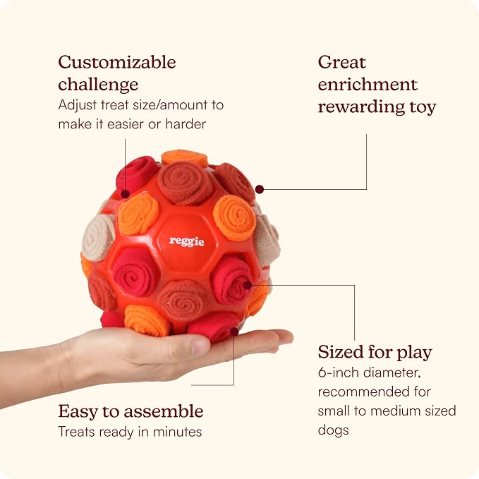 Reggie Snuffle Ball for Dogs | Interactive Treat Dispensing Dog Enrichment Toys | Reduces Boredom, Stress & Hyperactivity | Snuffle Toys for Dogs | Durable & Washable Dog Puzzle Toy I Red