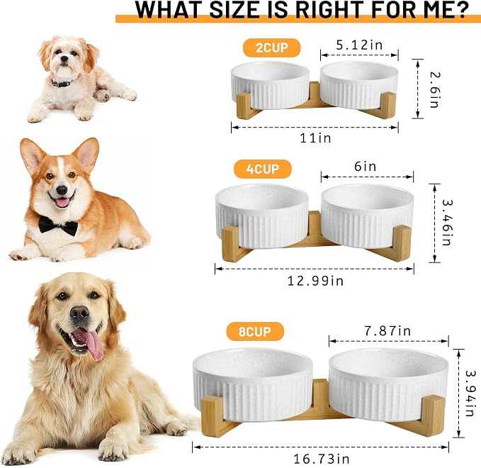 Non-Slip Ceramic Dog Bowls with Wood Stand,6" Dog Food and Water Bowl Set with Silicone Base, 32 OZ/4 Cups Weighted Flip-Proof Pet Feeding Bowl for Small Dogs and Cats (Medium,White)