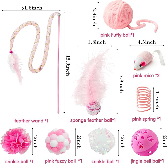 MALLMALL6 10Pcs Pink Cat Toys & 6Pcs Frosted Animal Cookie Catnip Crinkle Paper Sound Toys, Interactive Toys for Cat