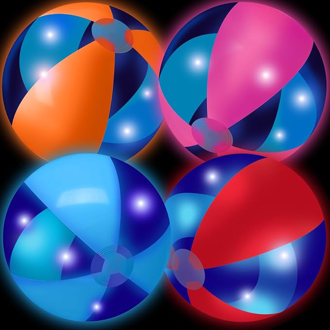 MiniInflat 4 Pcs Light up Beach Balls 16'' Jumbo Pool LED Balls Glow in the Dark Neon Giant Inflatable for Summer Hawaiian Tropical Theme Beach Party Decor Water Accessory (Colorful)
