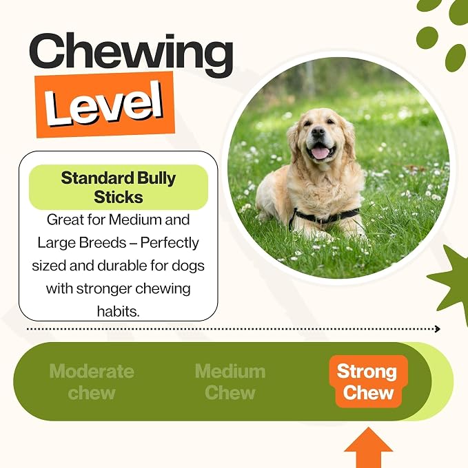 Bully Sticks for Medium & Large Dogs - Chew Toys for Aggressive Chewers, Standard 6 Inch (5 Count), Long Lasting, 100% Grass-Fed, Single Ingredient, Rawhide-Free, Free Range