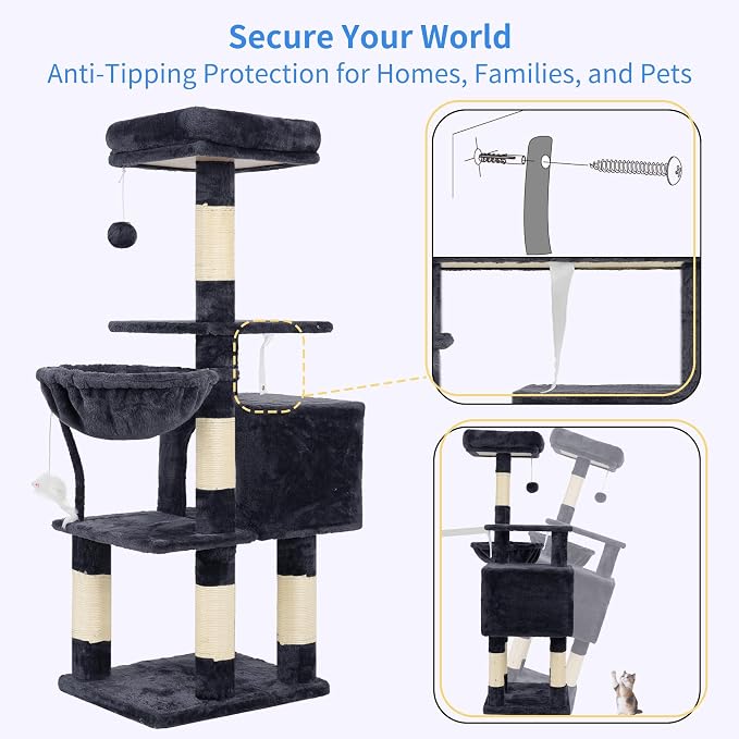 Heybly Cat Tree with Toy, Cat Tower condo for Indoor Cats, Cat House with Padded Plush Perch, Cozy Hammock and Sisal Scratching Posts, Smoky Gray HCT004SG